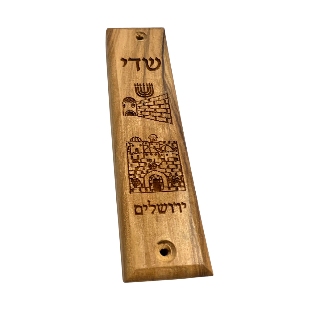 Jerusalem Wall/Menorah Olive Wood Mezuzah Case