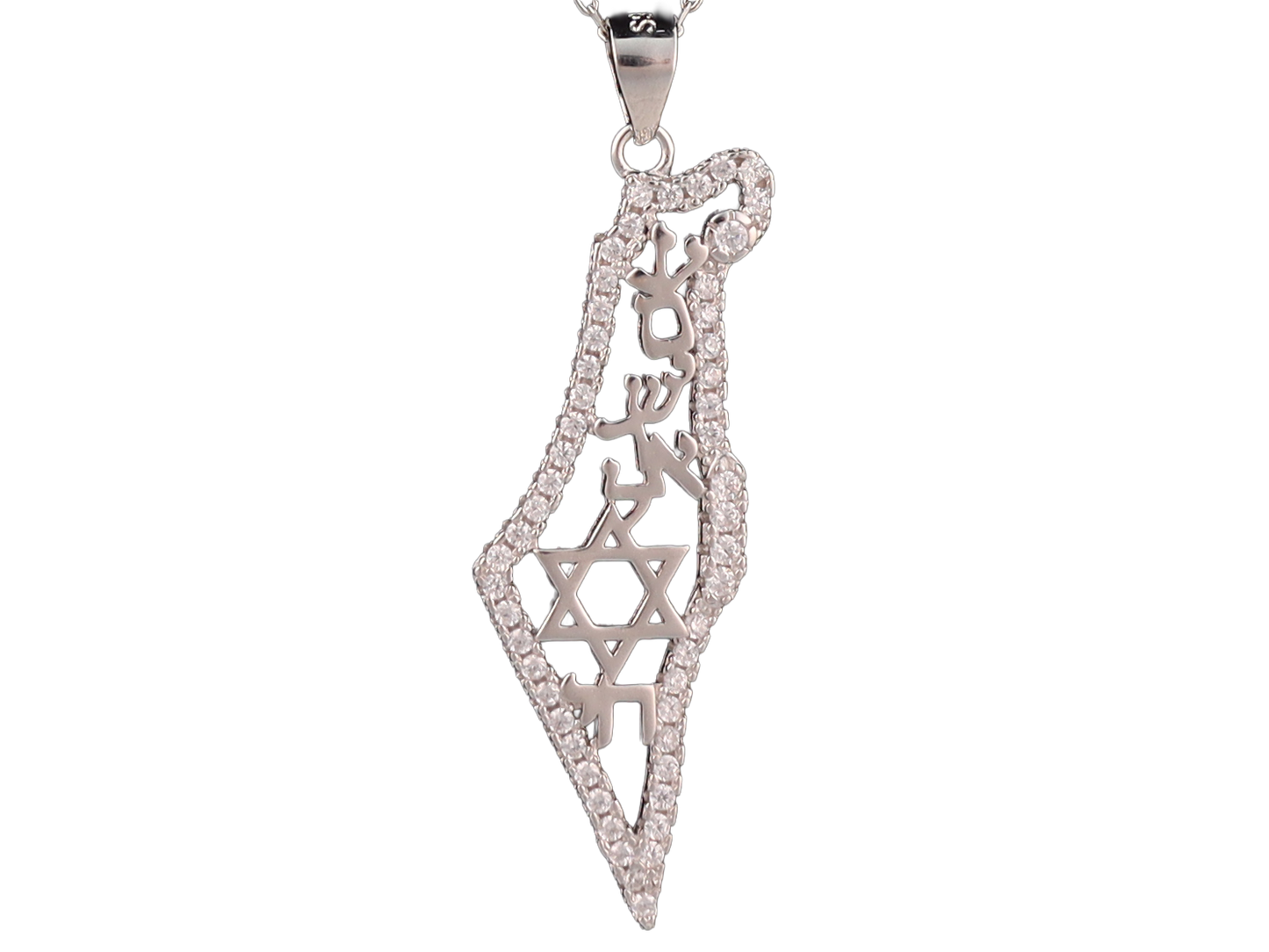 Sterling silver pendant in the shape of Israel, outlined with clear cubic zirconia, the star of David and the words "Israel Lives" in Hebrew