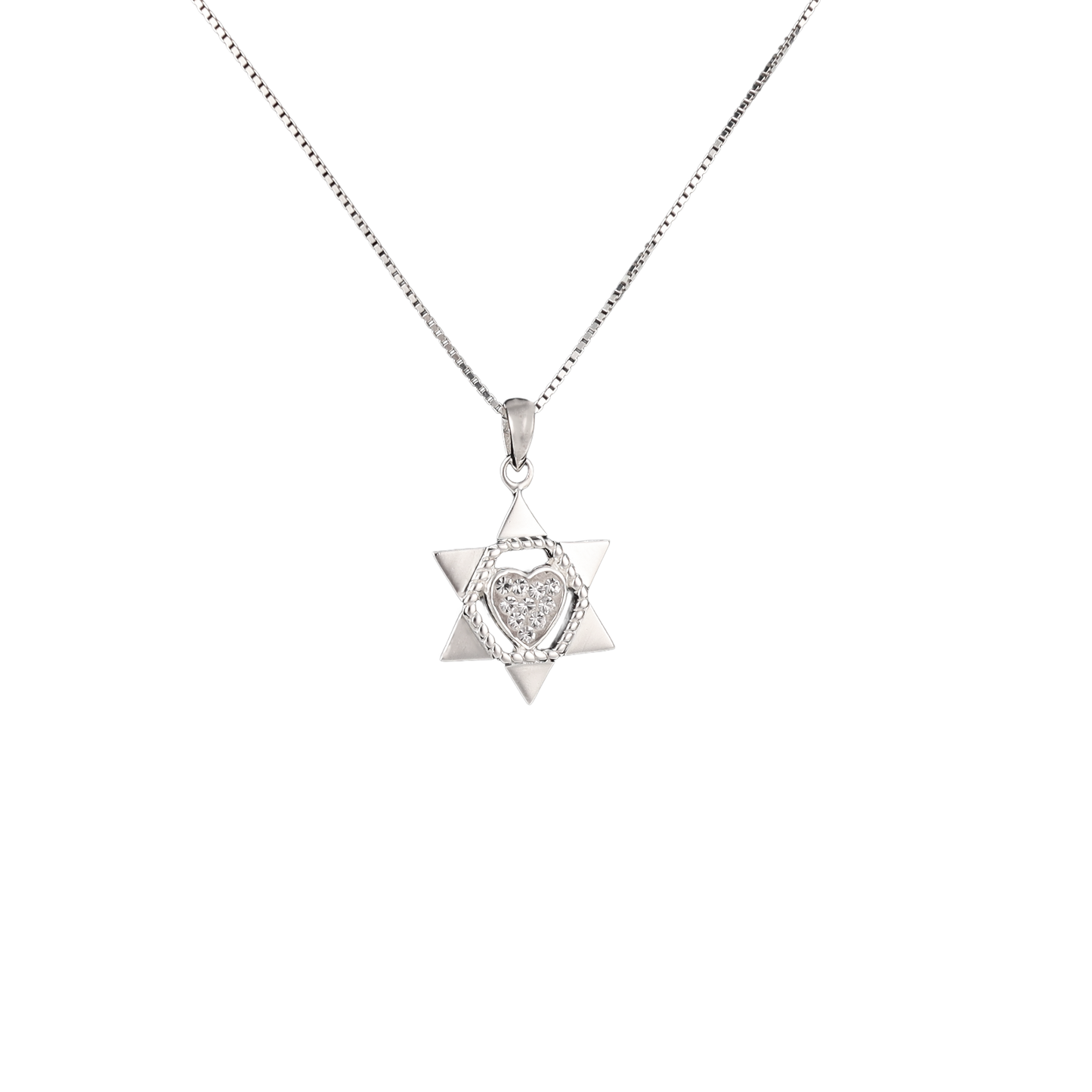 Silver star of David pendant with crystal heart in the middle