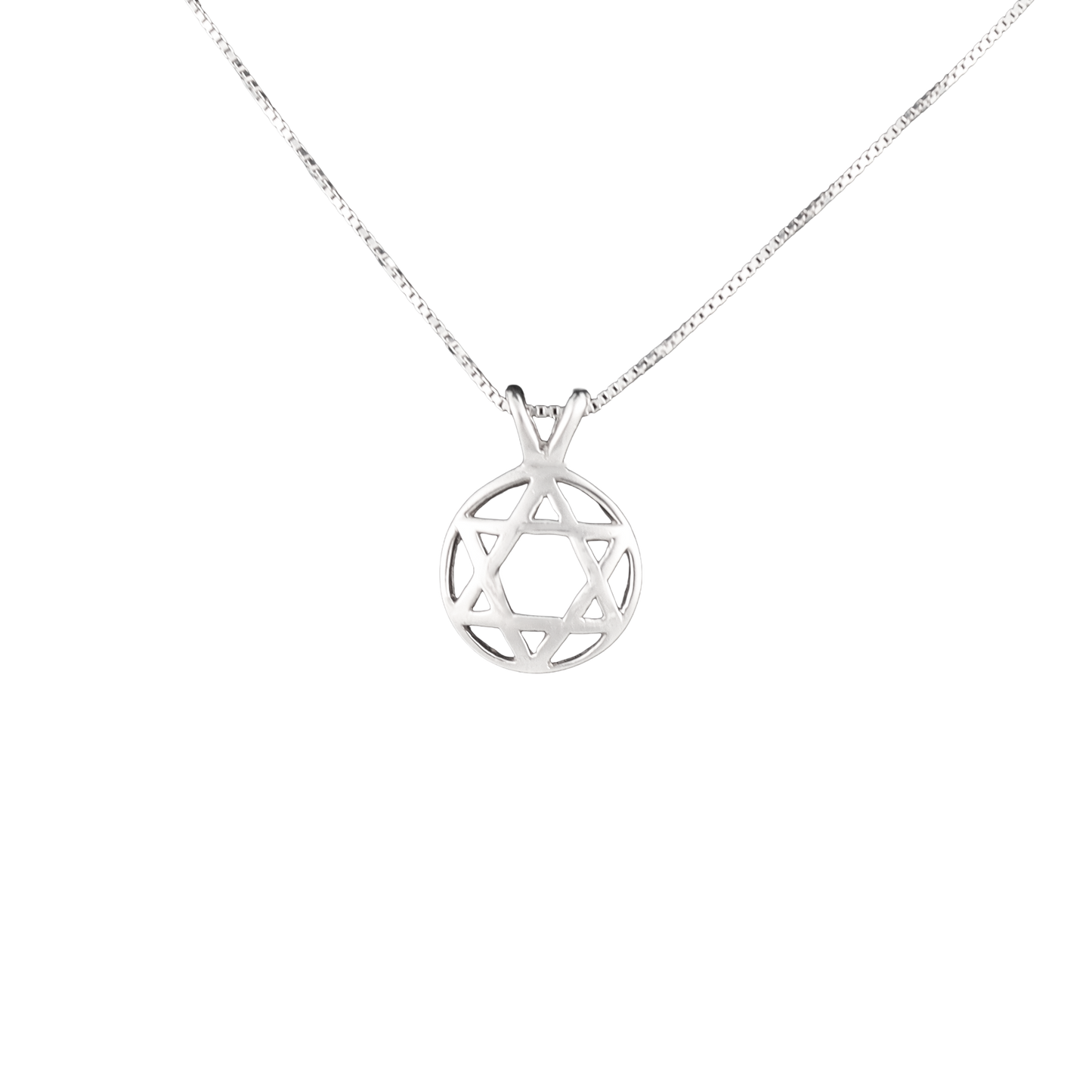 Circular silver pendant with the star of David on a sterling silver chain