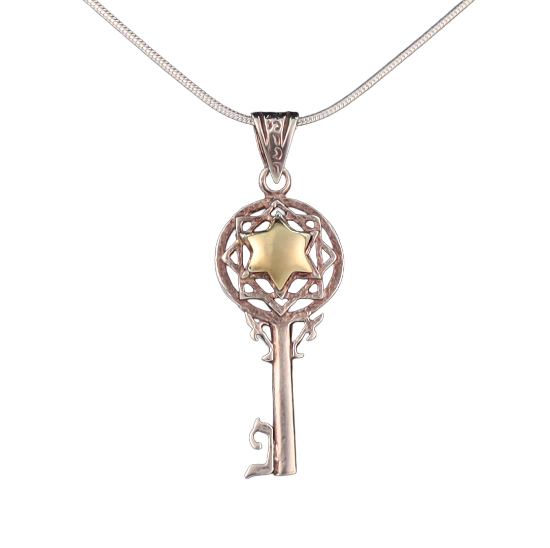 Silver key pendant with gold star of David on a silver chain