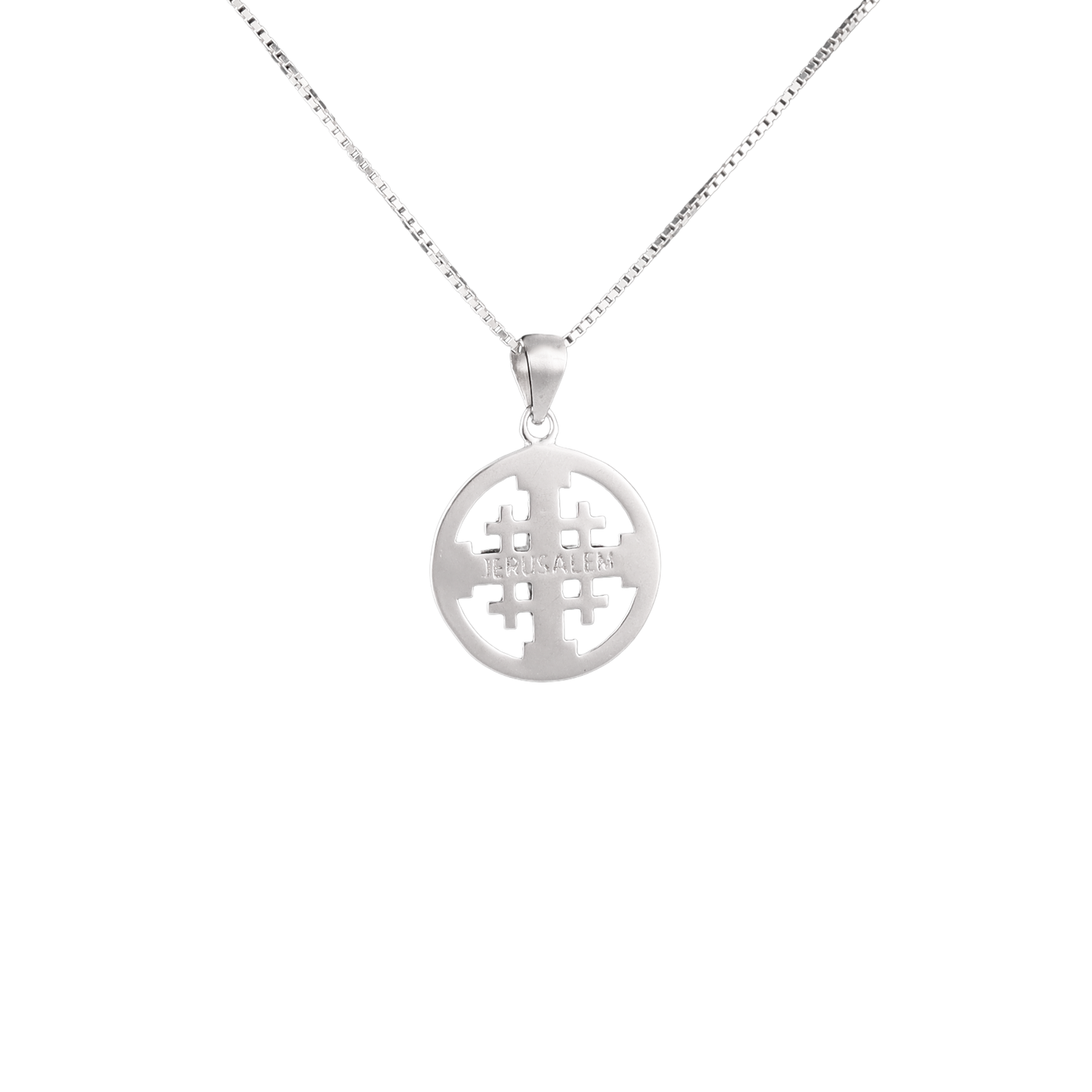 back of silver cross dome pendant with Jerusalem writing on back