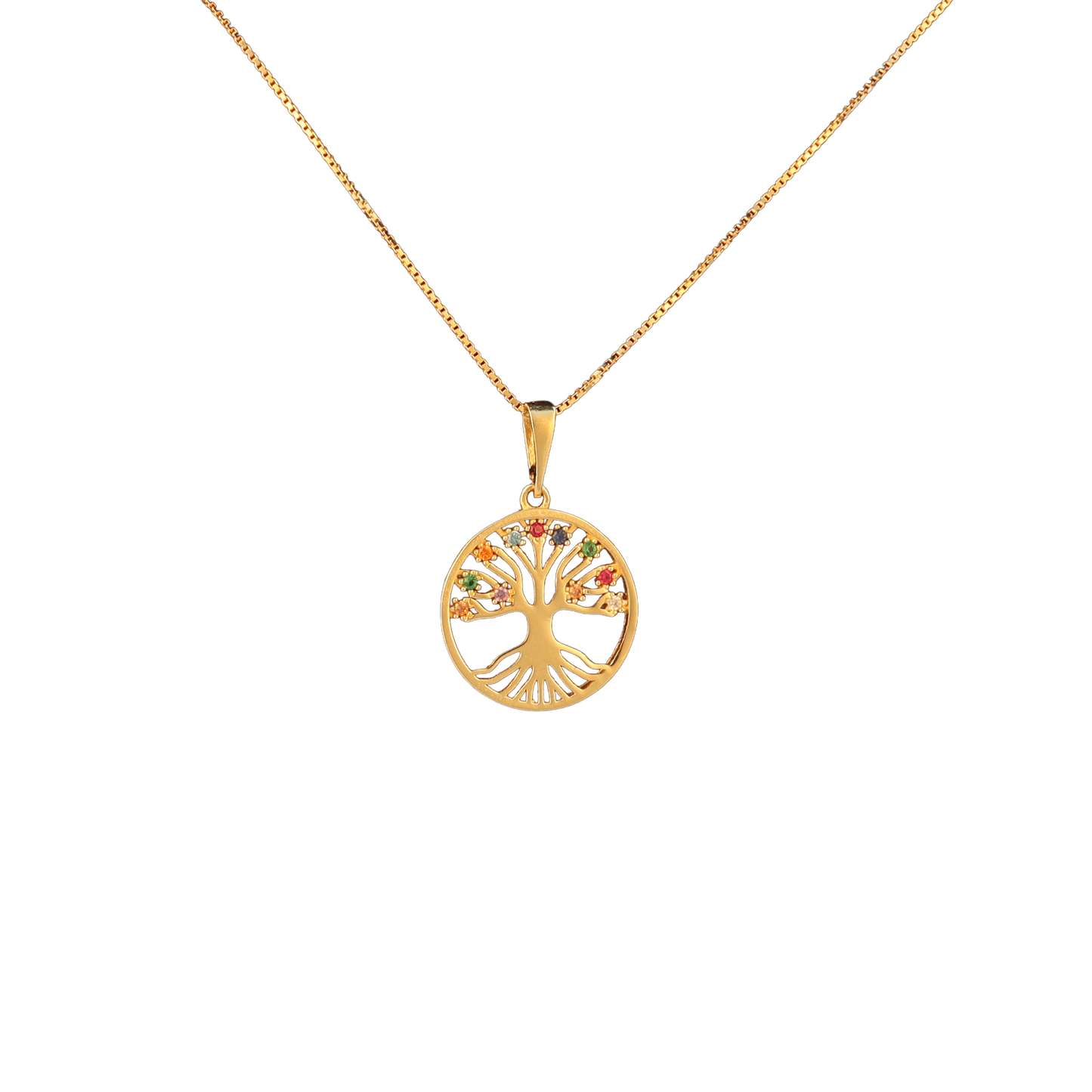 Gold tree of life pendant with multicolored gemstones