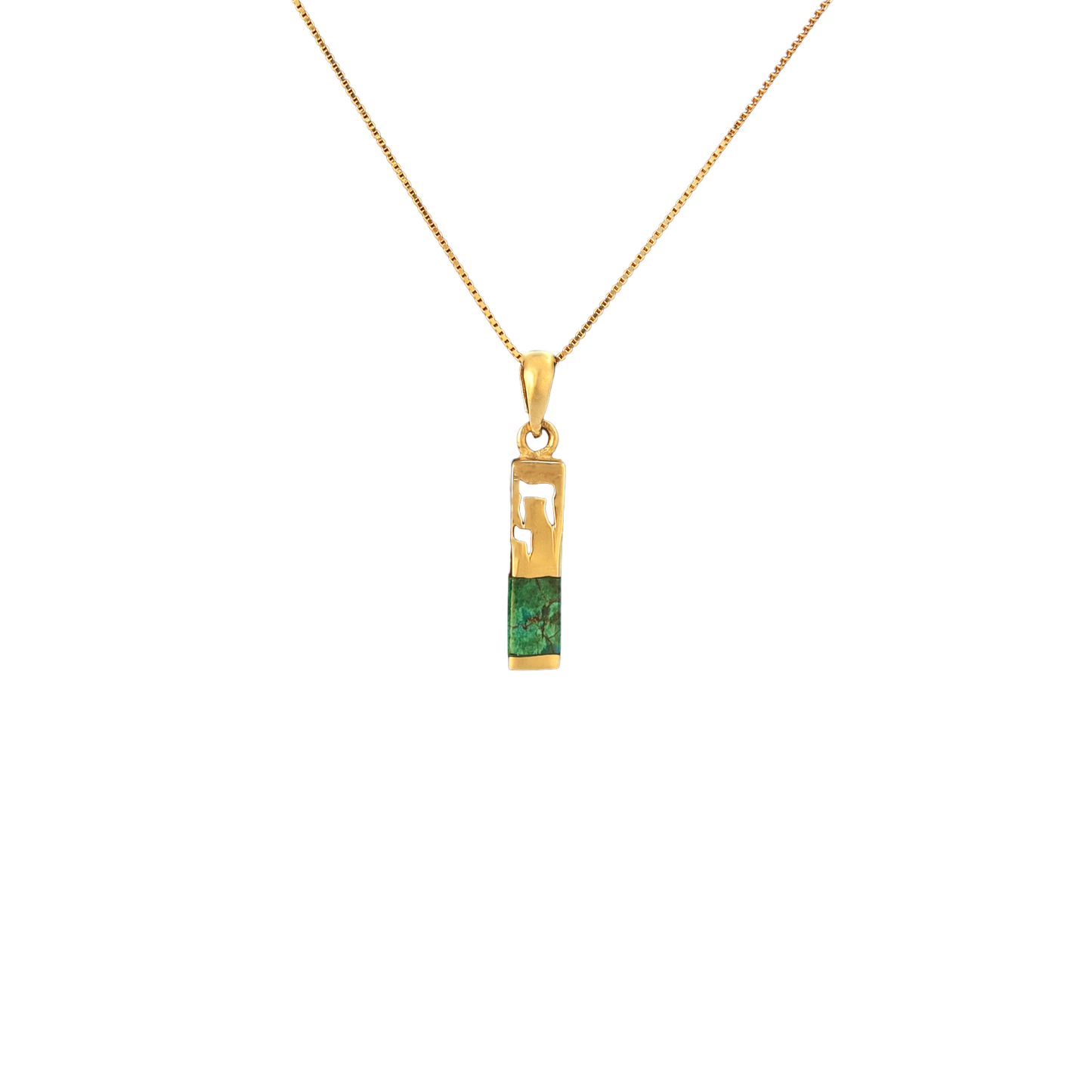 Rectangular gold pendant with Chai symbol carved at the top and an eilat stone on the bottom