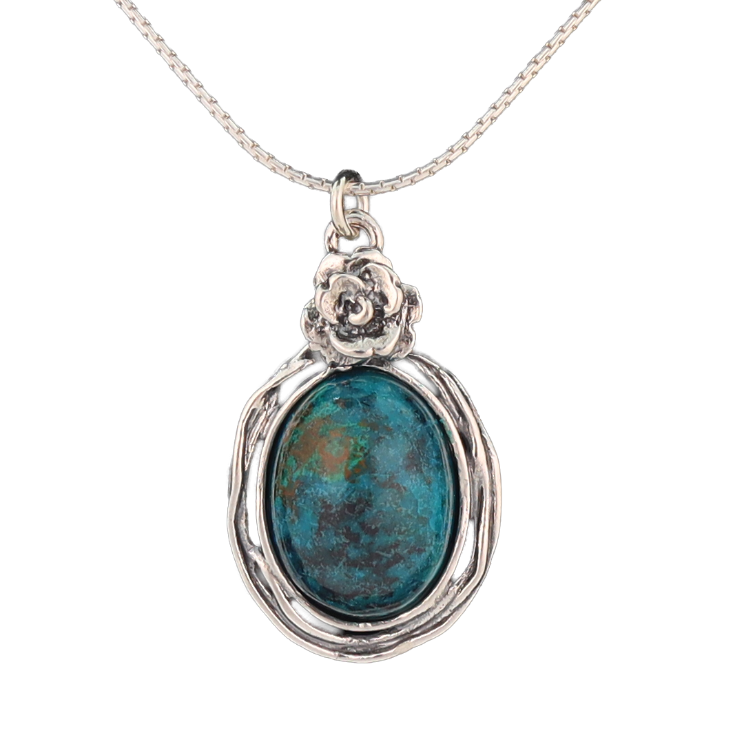 Eilat stone pendant set in sterling silver with a silver flower at the top on a silver chain