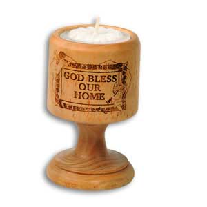 Olive Wood God Bless Our Home Tea Light