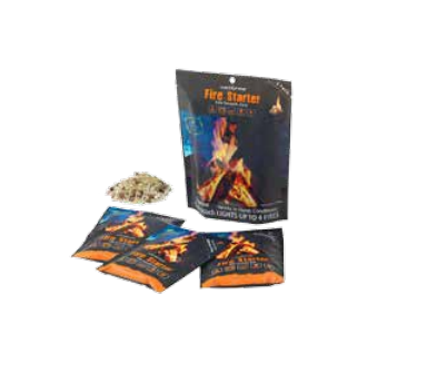 3-Pack Instafire Fire Starter Packet with smaller packets displayed on white background and contents of packet in a small pile