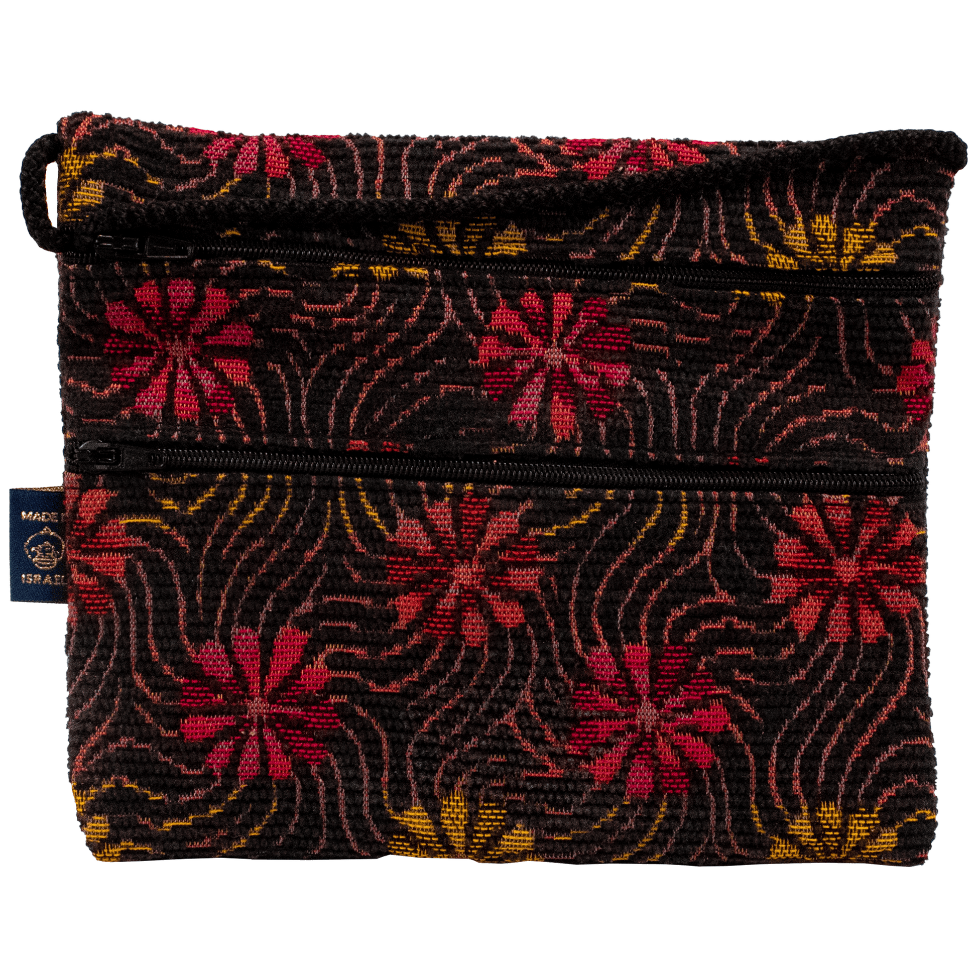 Double Zipper medium Crossbody bag with colorful whimsical floral pattern black bag
