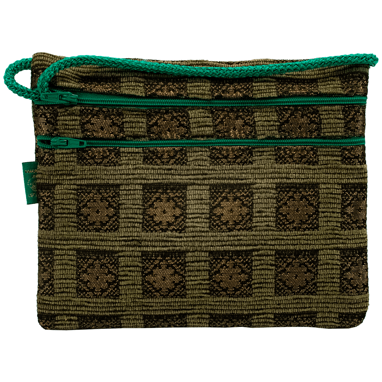 Double zipper horizontal crossbody bag with Green Square Floral Pattern
