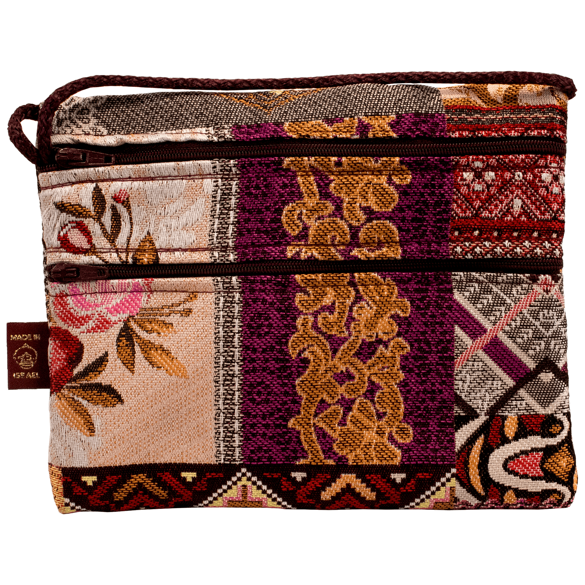 Double zipper horizontal crossbody bag with floral patchwork design