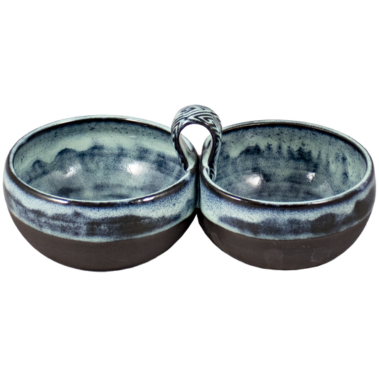 Two blue glazed ceramic bowls with a middle handle great for chips and dip
