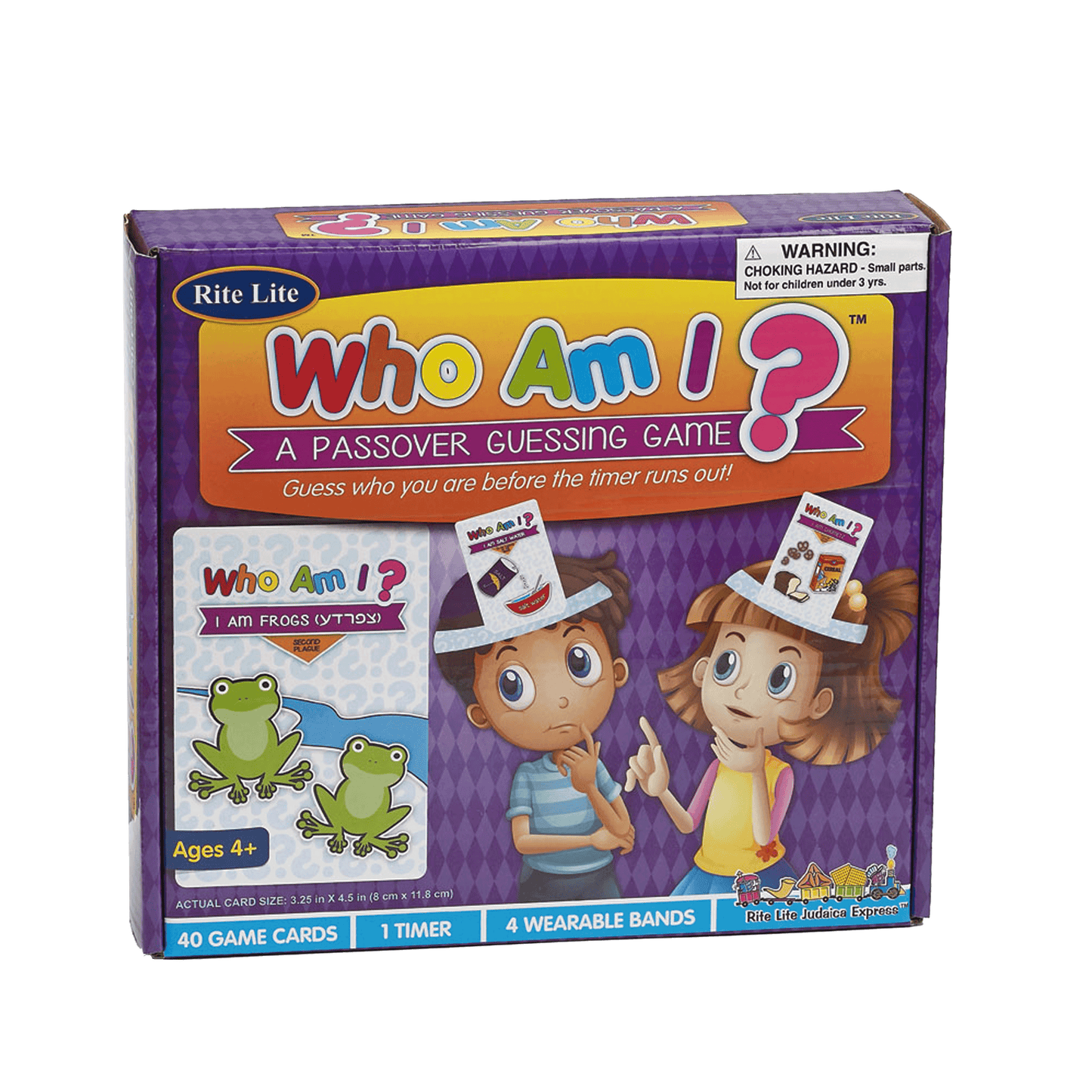 Rite Lite Passover Who Am I Guessing Gae with two children playing the game on cover