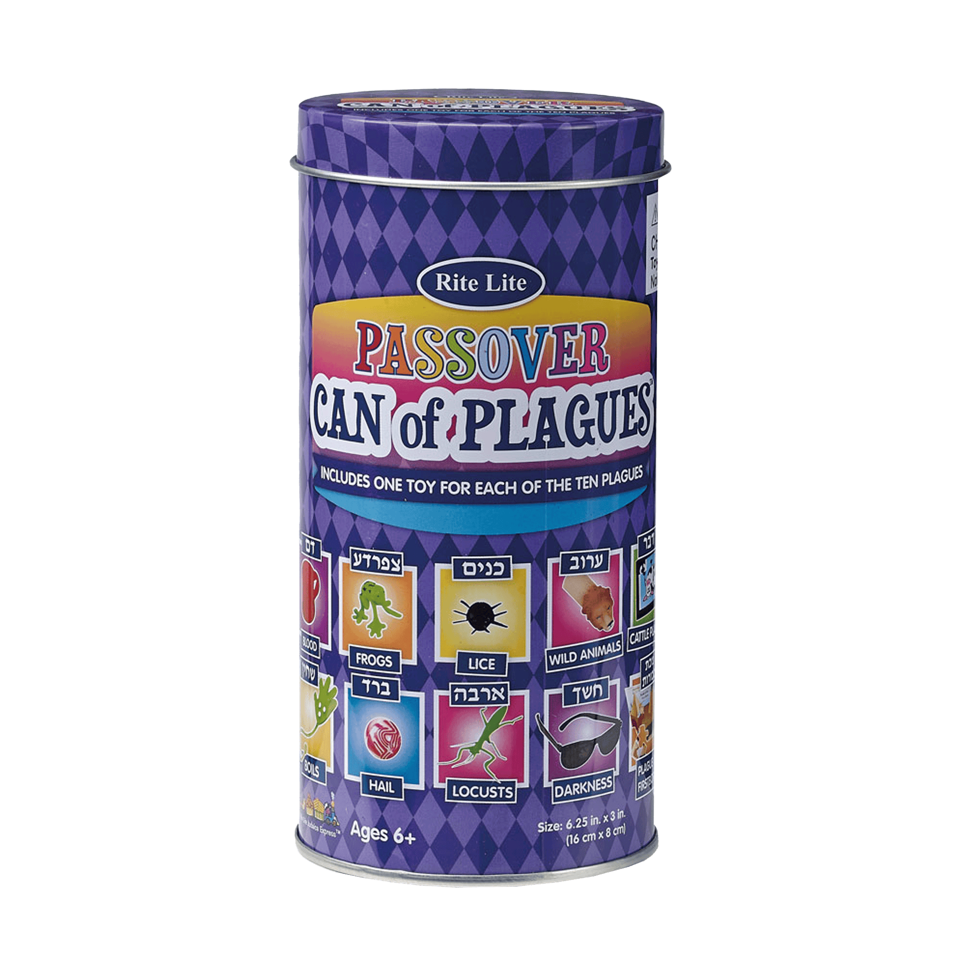 Rite Lite Passover Can of Plagues game with biblical plague toys inside