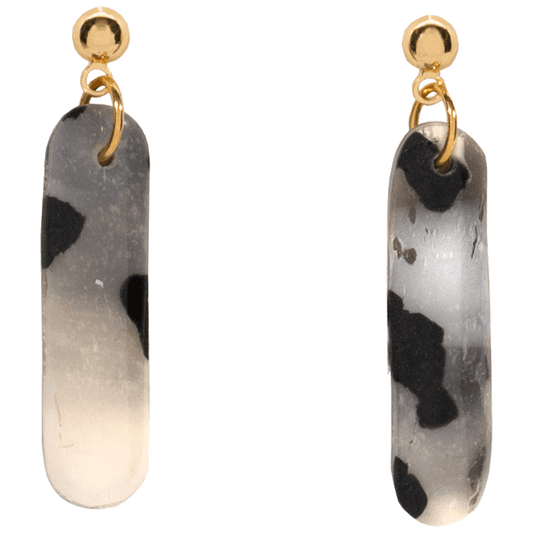 Moonstone Print narrow oval dangling clay earrings on a golden post