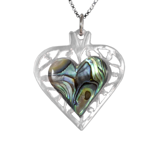 Heart Mother of Pearl with Abalone Heart in Center on sterling silver chain