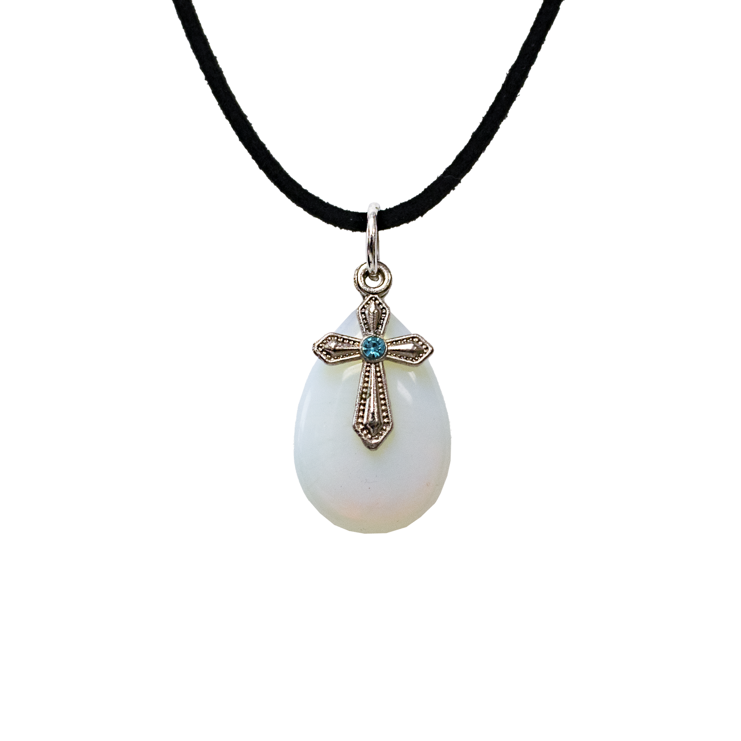Milky iridescent Girasol Quartz tear drop pendant with a decorative cross pensant layered on top with a Suede Cord 