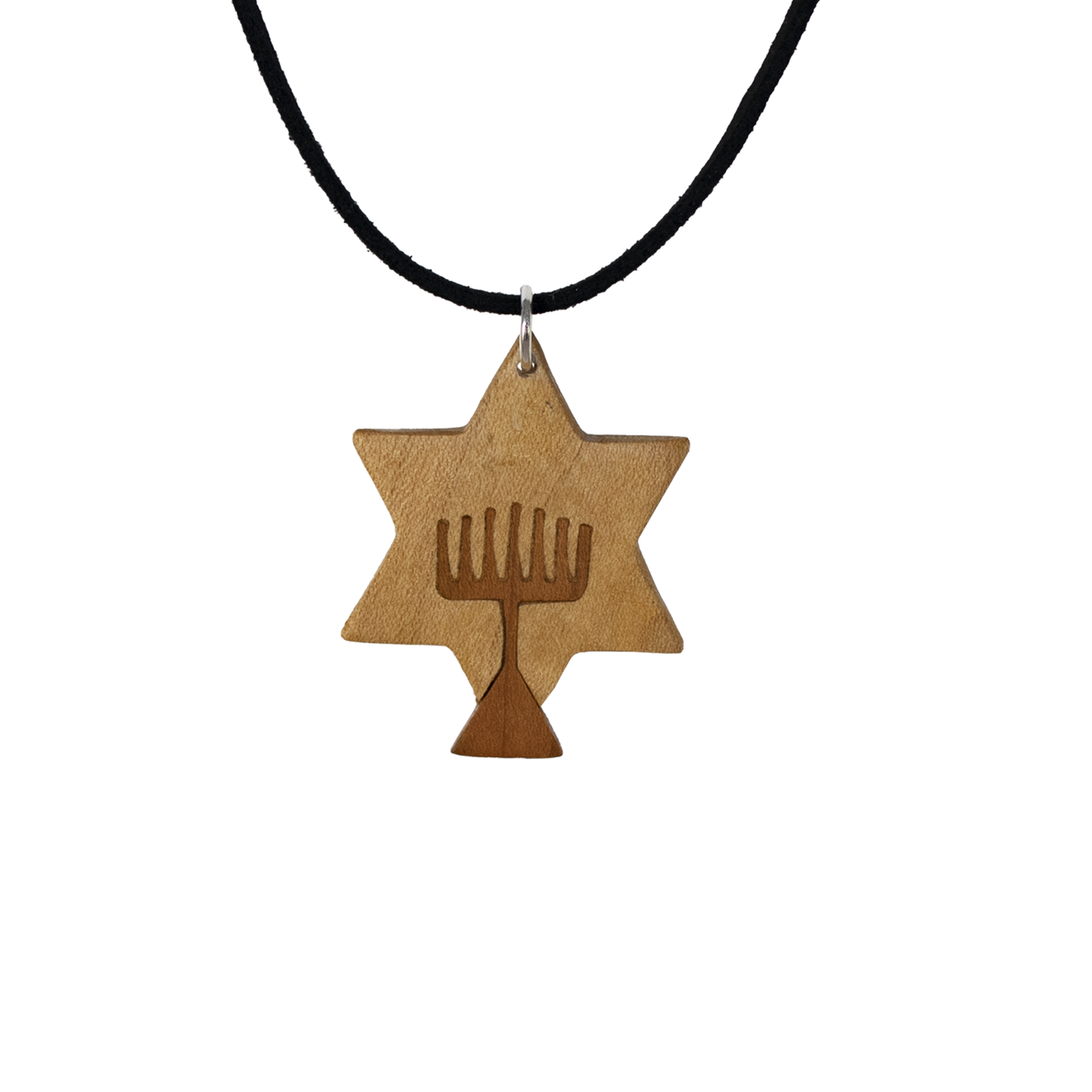 Solid wooden Star of David with wooden Menorah imbedded  on a black Suede cord