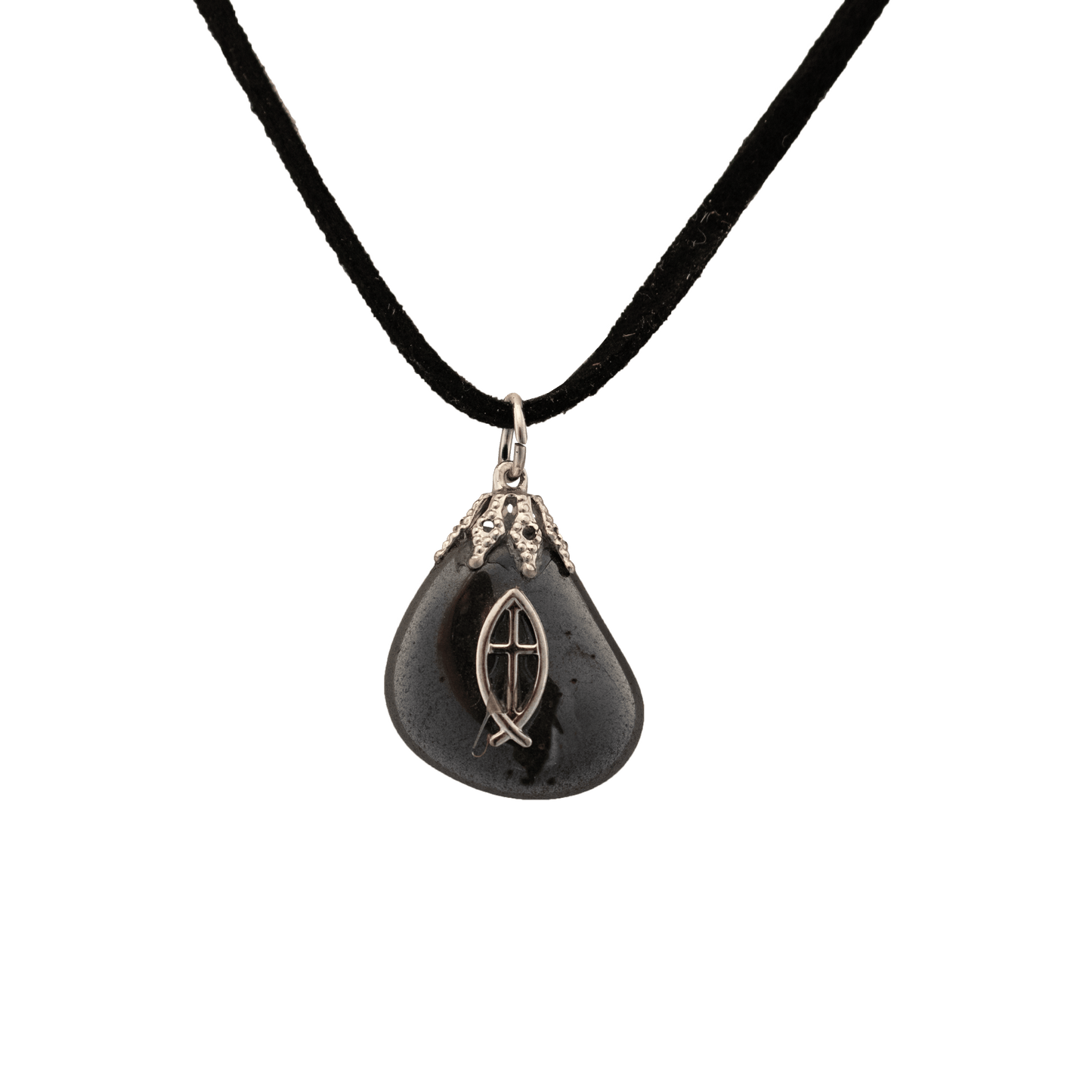Ichthus symbol on a pear shaped Hematite stone pendant on a black cord