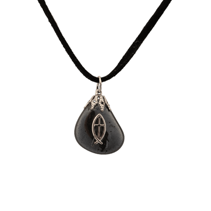 Ichthus symbol on a pear shaped Hematite stone pendant on a black cord