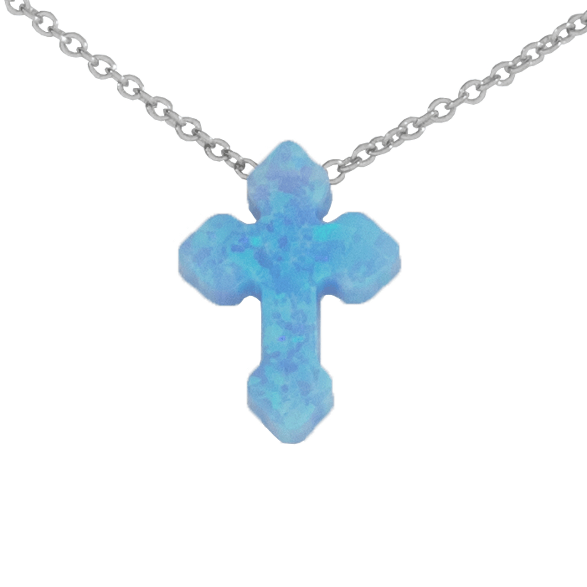 Opal Cross with rounded beveled end points on a sterling silver chain