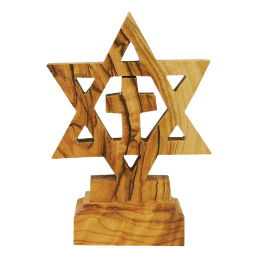 Olive Wood Star of David with Cross on Base