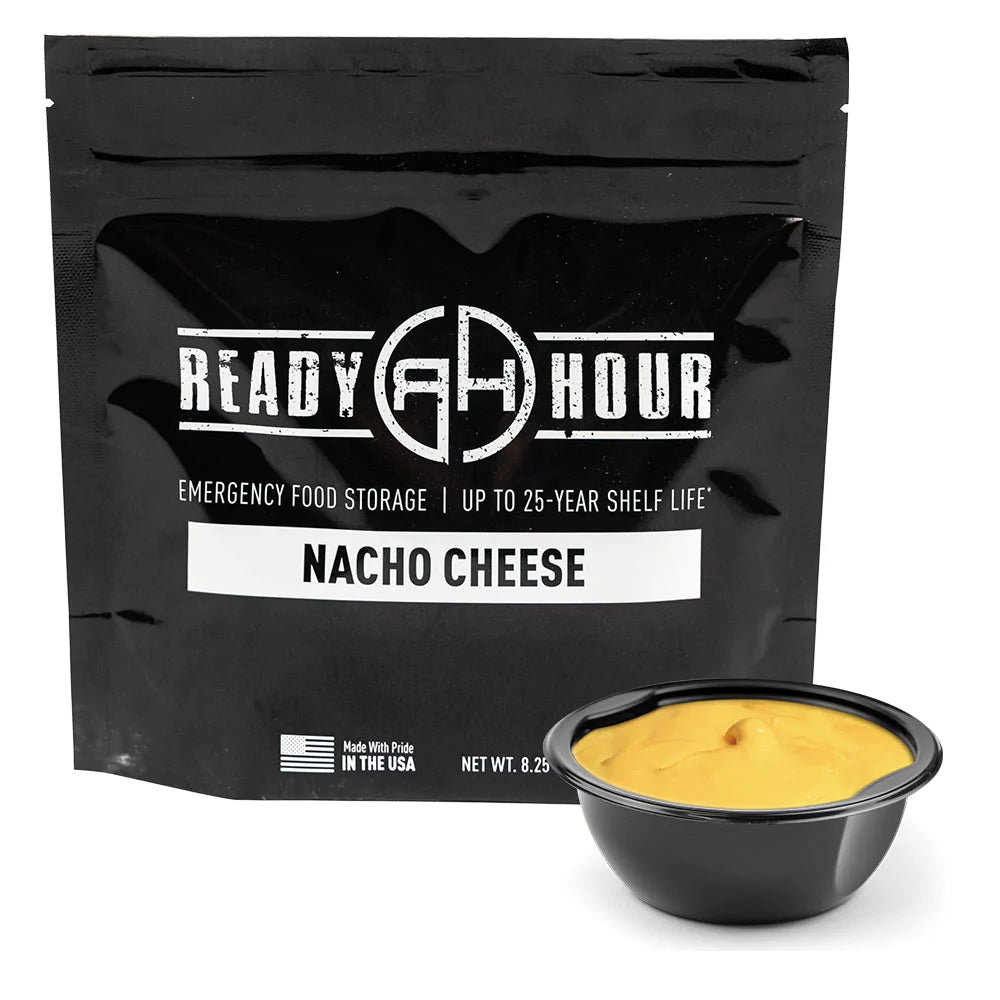 ready hour nacho cheese sauce in black packaging with sauce cup in front 