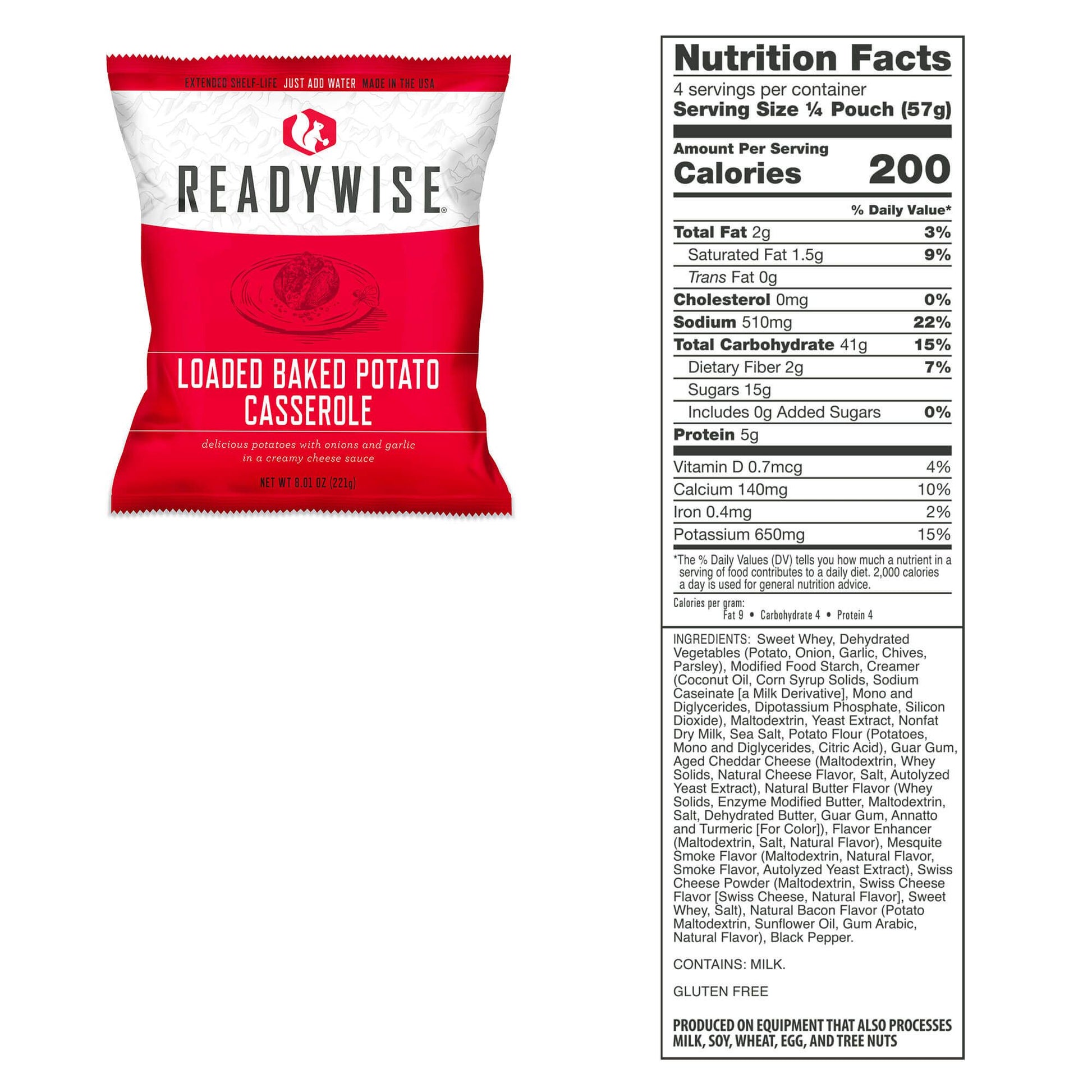 readywise emergency food supply 120 serving food bucket  loaded baked potato casserole nutritional information 