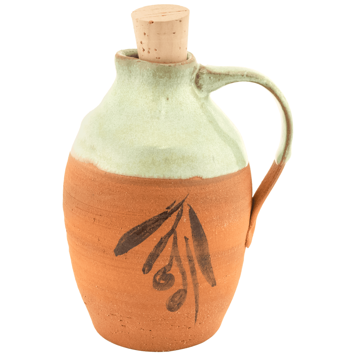 Ceramic partial glazed in seafoam olive oil pitcher with painted olive design and cork top