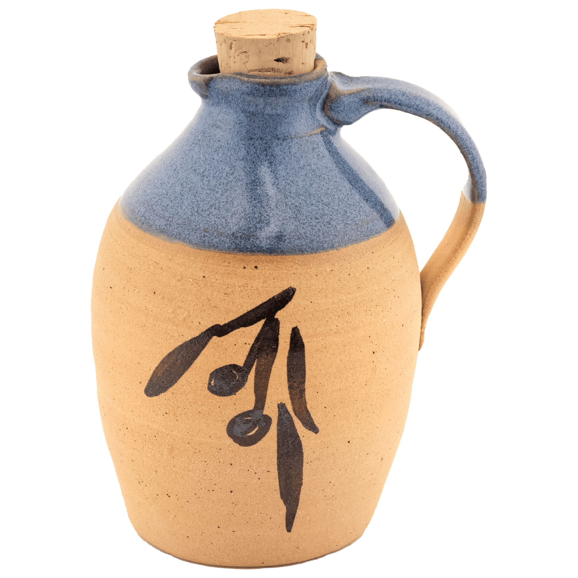 Ceramic partial glazed in jean blue olive oil pitcher with painted olive design and cork top
