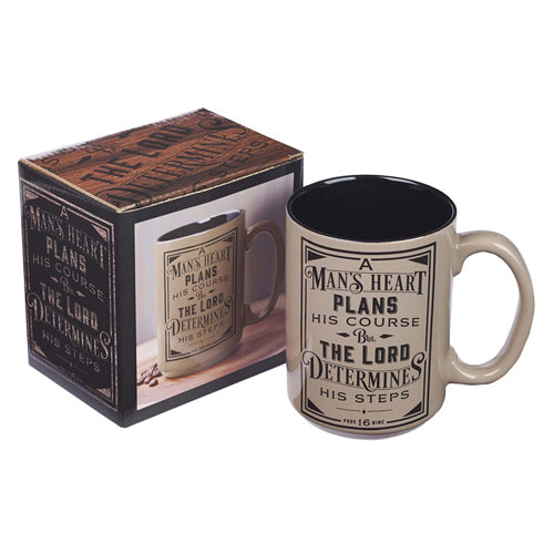 A Man's Heart Brown Ceramic Coffee Mug- Proverbs 16:9