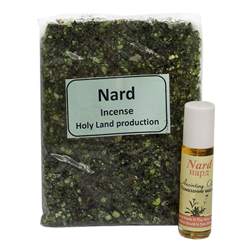 Packaging of Nard incense with a Holy Land production label next to a roller bottle of anointing oil.