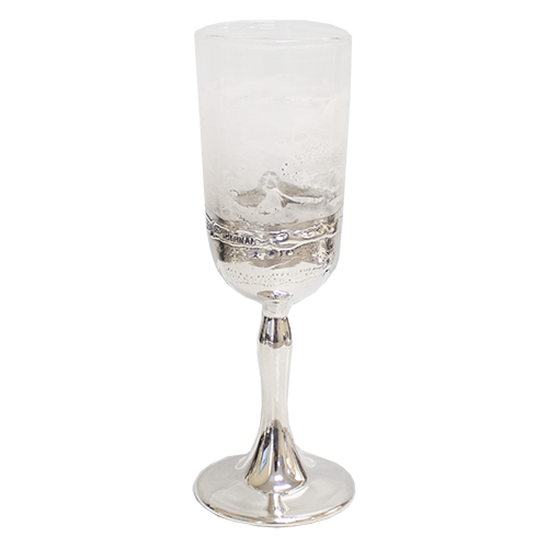 Kiddush cup made of blown glass with a silver-plated stem