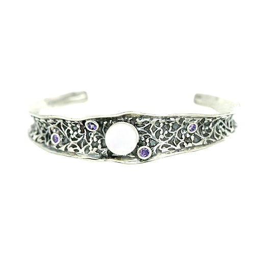 Sterling Silver Cuff Bracelet With Pearl And Lavender Stones