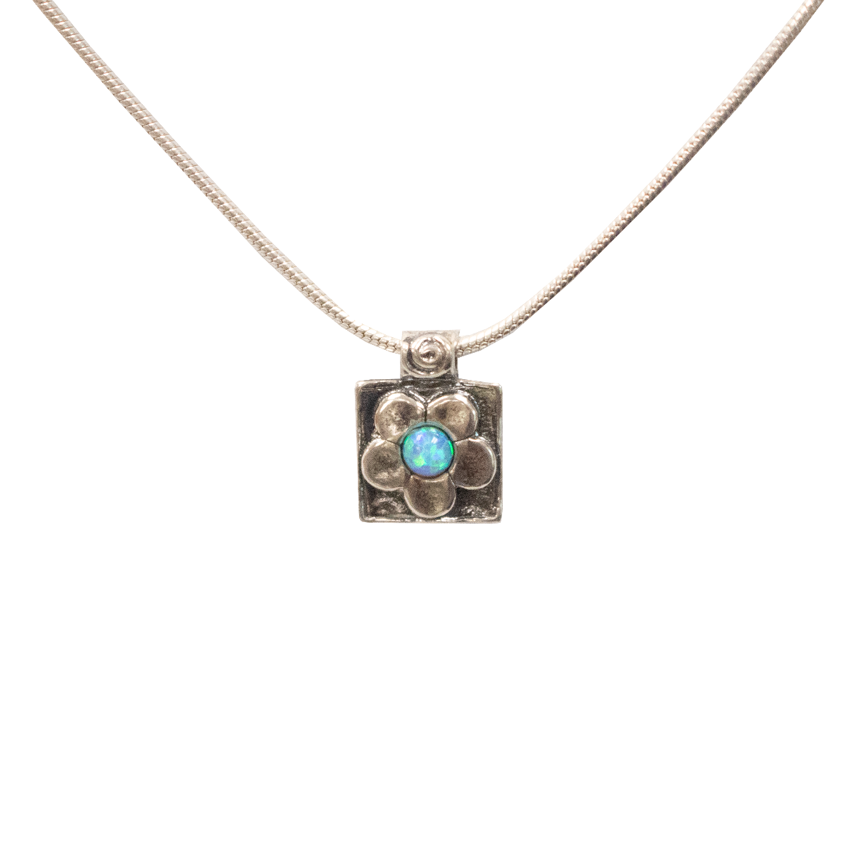 Opal Flower Square Necklace - Snake Chain