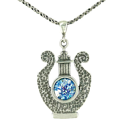 Silver Filigree David's Harp Necklace with Roman Glass