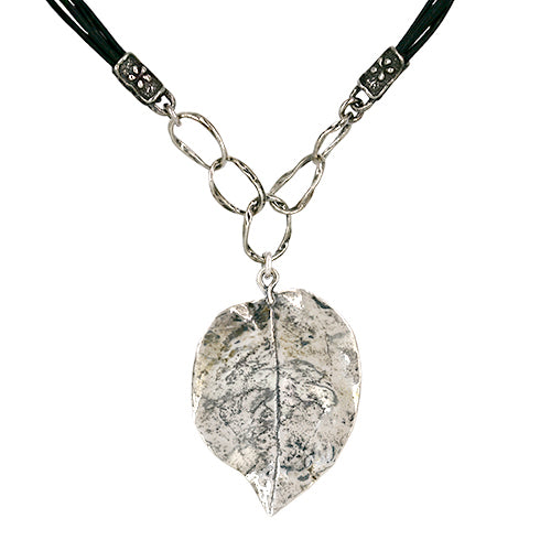 Sterling Silver Leaf Pendant w/black cord
