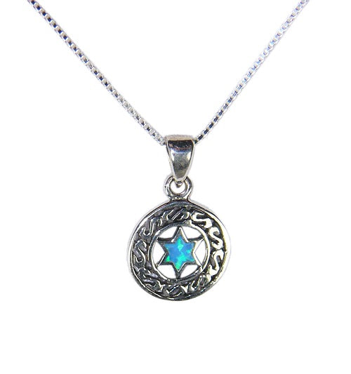 Opal Star of David in Filigree Circle Necklace