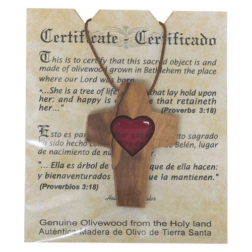 Olive wood cross with heart cut out pendant necklace (made by Christians in  the Holy Land)