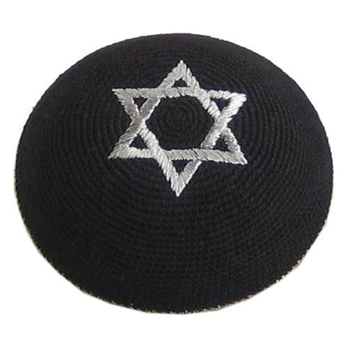 Black Knitted Kippah with Silver Star of David (15cm)