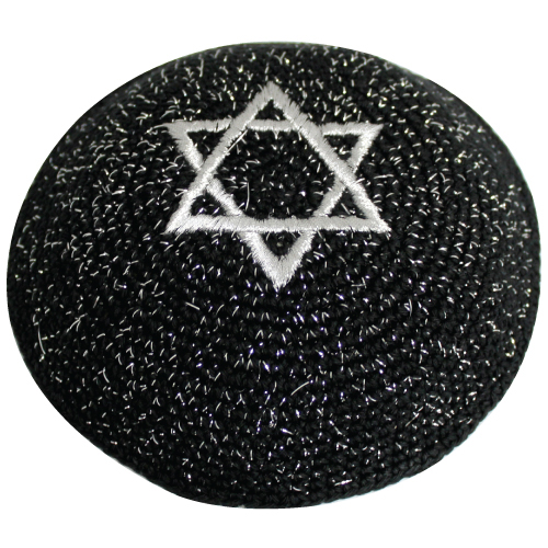 Black Knitted Kippah with Silver Star (17cm)