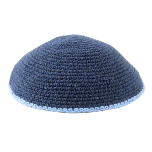 Blue with Lt Blue Trim Knitted Kippah (16cm)
