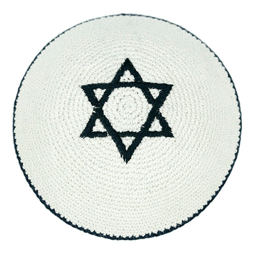 White Crocheted Kippah with Navy Blue Star of David (17cm)