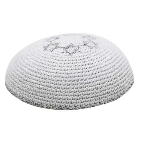 White Knitted Kippah with Silver Star of David (16.3cm)