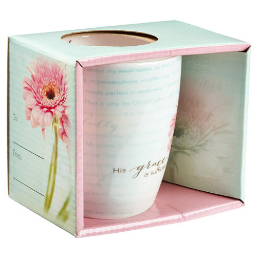 His Grace is Sufficient For Me coffee mug in its packaging