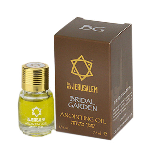 A product image featuring a small bottle of Bridal Garden Anointing Oil next to its packaging box, both displaying the brand 'The New Jerusalem'.