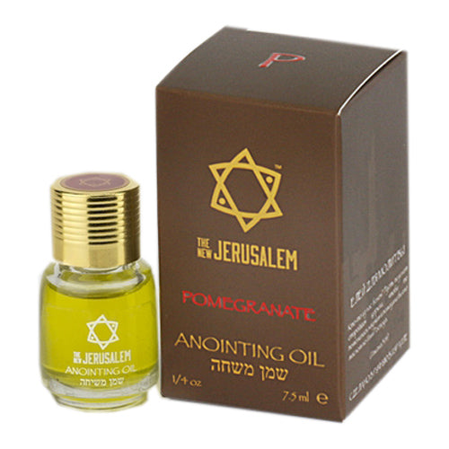 A product image featuring a small bottle of pomegranate anointing oil with a gold-colored cap, alongside its packaging box which has 'The New Jerusalem' and star of David on it.