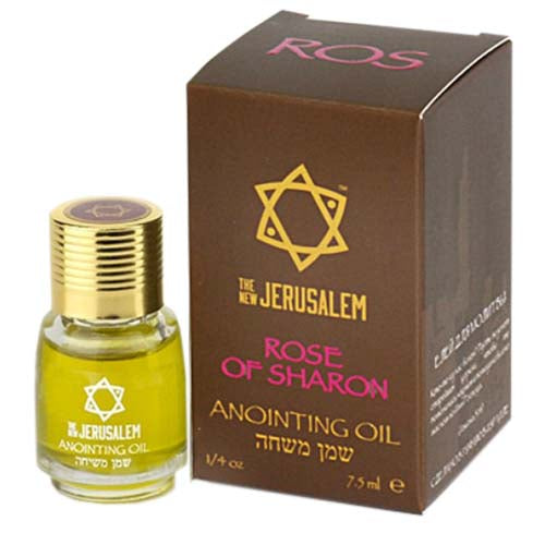 A product image showing a box and bottle of The New Jerusalem Rose of Sharon Anointing Oil. The box is brown with a Star of David, and the bottle has a gold colored cap.