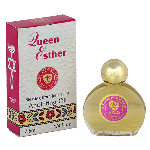 A bottle of Ein Gedi Queen Esther Anointing Oil with its packaging box. The bottle is clear and circular, featuring a gold-colored cap.