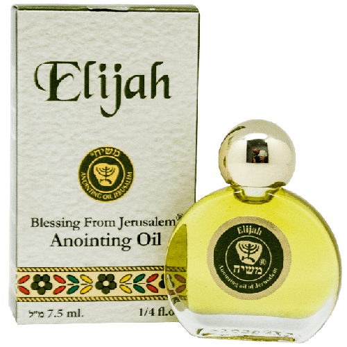 A circular bottle of Elijah Anointing Oil with a gold-colored cap, next to its packaging box which has 'Elijah' written on it and mentions 'Blessing From Jerusalem'.