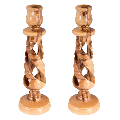 Olive Wood Spiral Candlestick Set
